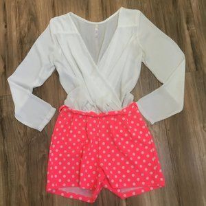 MXM & XCARET One Piece Romper Polka Dot Short Long Sleeve V-Neck Casual  S
